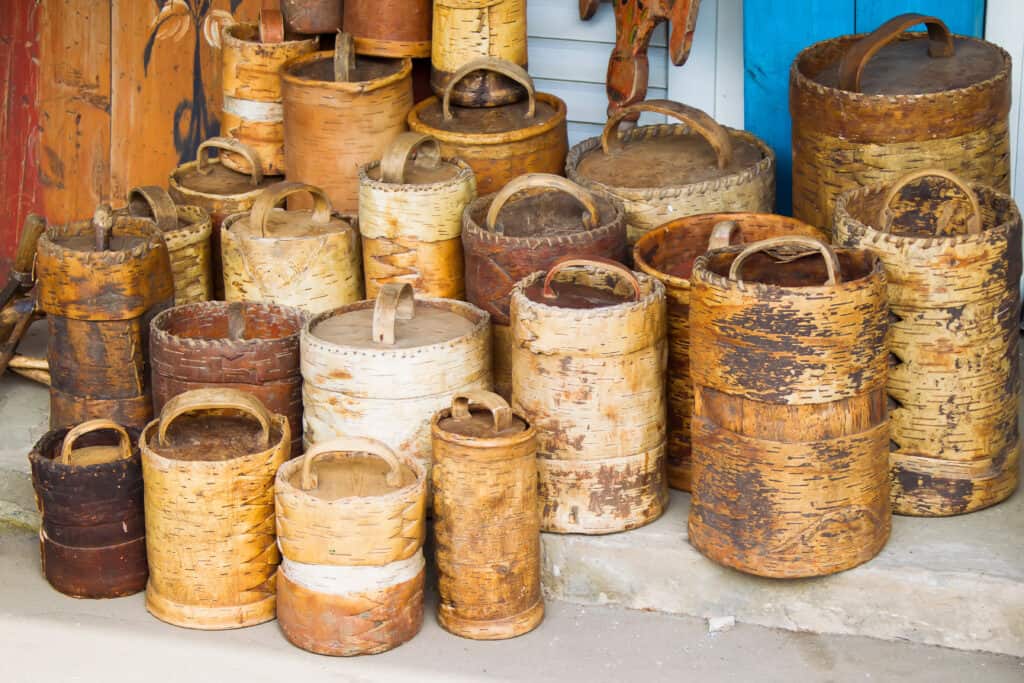 Ancient ancient birch baskets. Products from birch bark