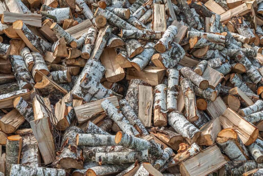 Natural organic wooden background. Firewood stacked and prepared for winter season. Close-up of chopped firewood.