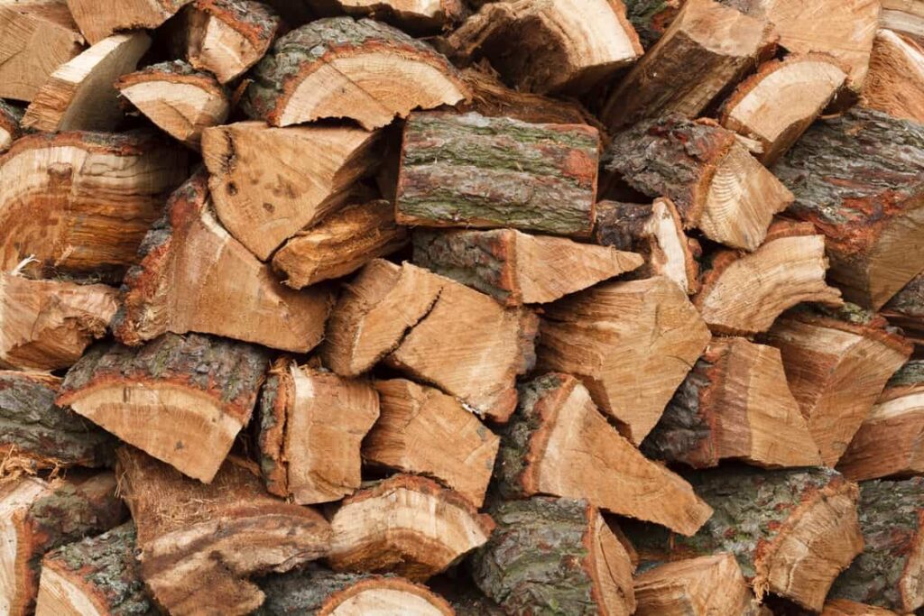 Closeup of a wood pile with chopped oak firewood